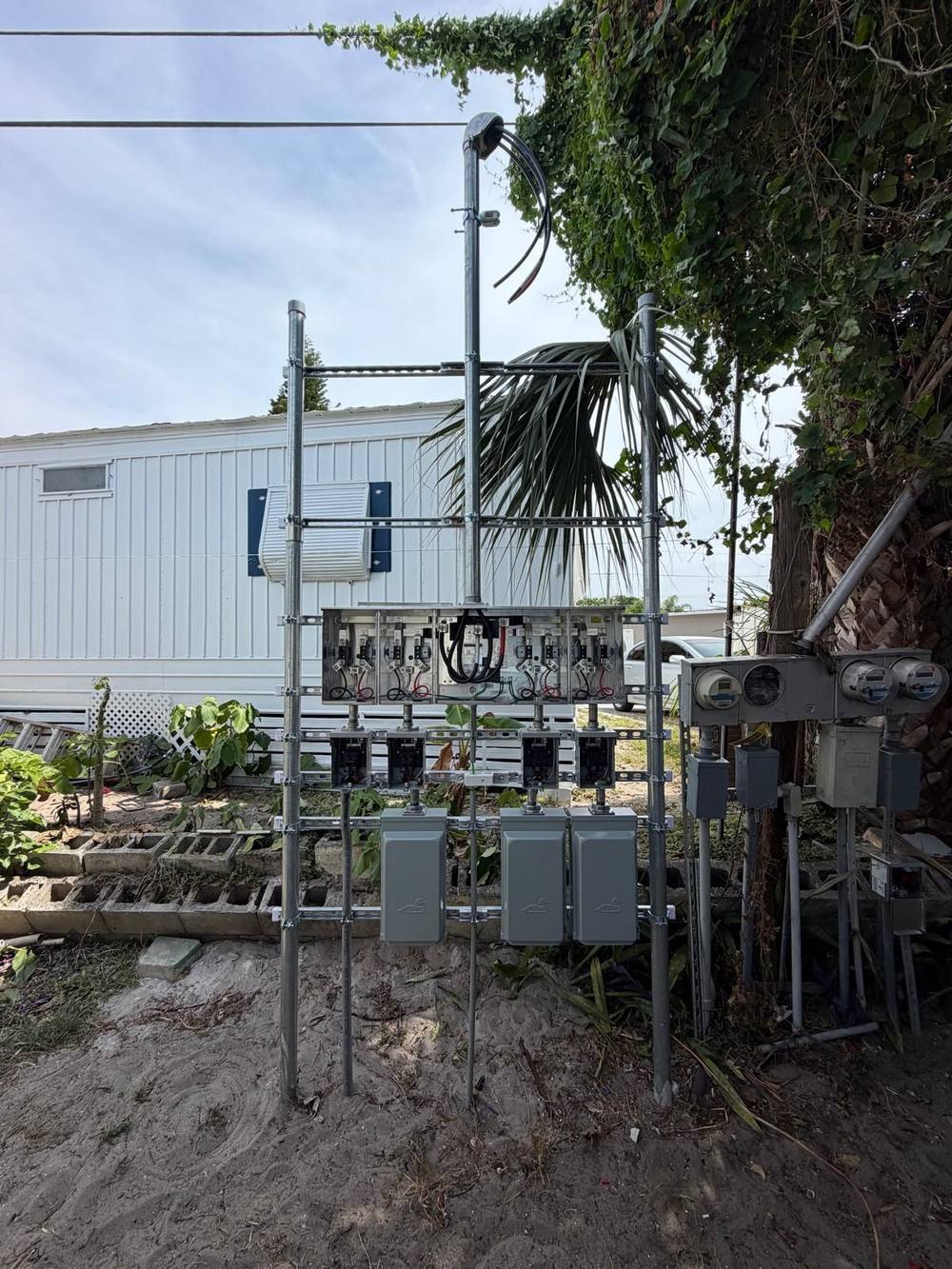 Outdoor meter pedestal rack with conduit weatherhead
